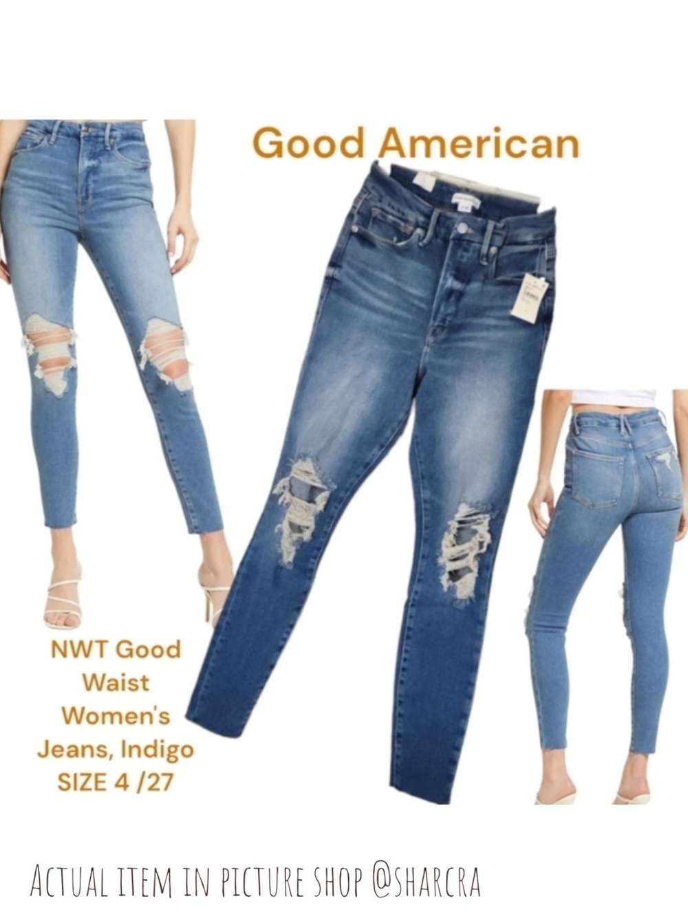 Good American Good Waist High Rise Distressed Skinny Jeans Women Blue Denim 4 27